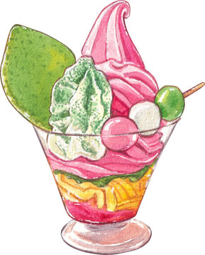 recommend clip art: Pink Sakura Parfait with Green Tea, japanese confections, watercolor painting hand-drawn illustration.