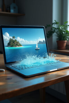 Inselparadies aus dem Laptop-Bildschirm, direkt ins Leben 