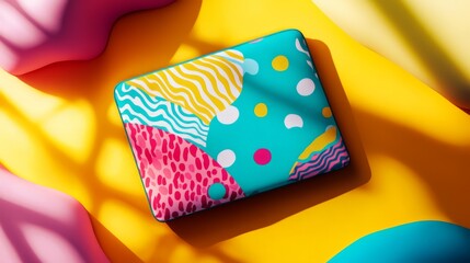 Colorful laptop sleeve with pattern designs : A vibrant laptop sleeve hovering, showcasing patterns for tech accessories