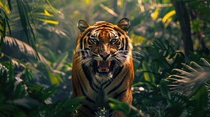 Majestic Bengal Tiger Roaring in Lush Jungle with Sunlit Greenery - Nature Wildlife Photography