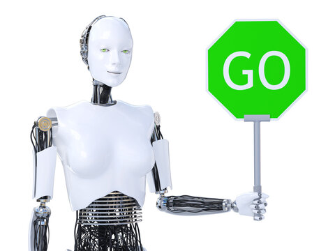 3D rendering of female robot holding go sign.