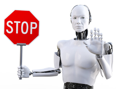 3D rendering of male robot holding stop sign.