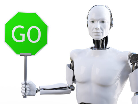 3D rendering of male robot holding go sign.