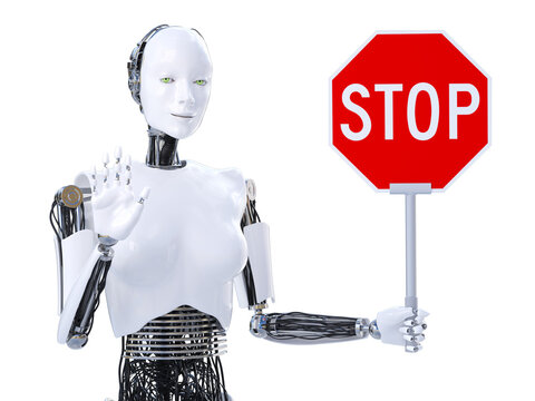 3D rendering of female robot holding stop sign.