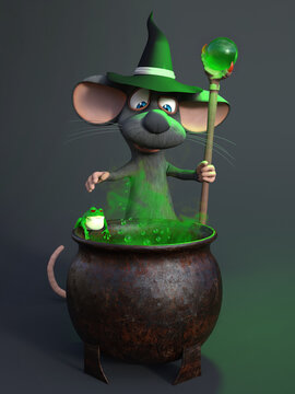 3D rendering of a cartoon mouse wizard with cauldron.