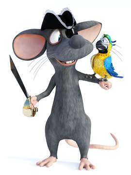 3D rendering of a cartoon mouse pirate holding parrot.