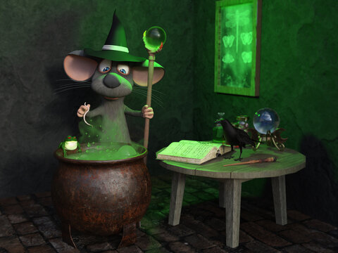 3D rendering of a cartoon mouse wizard with cauldron.