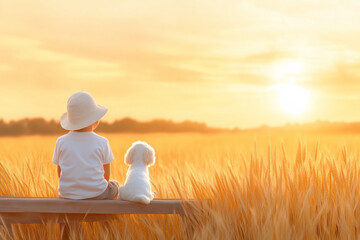Fototapeta premium A child and a small dog enjoy a sunset together in a golden wheat field during summer