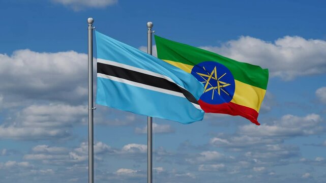 Ethiopia and Botswana flags flying together, video concept of the relationship, two country relations concept