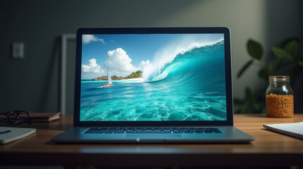 Fototapeta premium Inselparadies auf dem Laptop-Bildschirm
