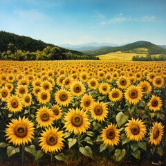 A field of golden sunflowers in full bloom under a clear blue sky, with the flowers towering over the landscape