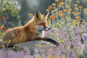 Serene Red Fox Resting on Rock Amid Colorful Wildflowers in Sunlit Meadow for Nature Prints