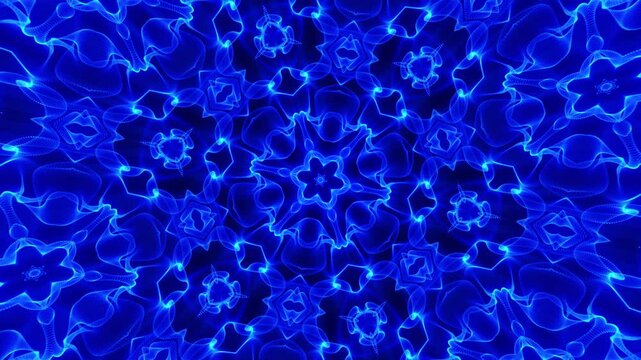 Abstract animated beautiful multicolor kaleidoscopic background. Psychedelic blue geometric shapes. Beautiful multicolor kaleidoscopic texture. Unique kaleidoscope design in 4K.