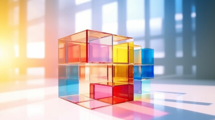 Colorful transparent glass blocks in a sunlight background