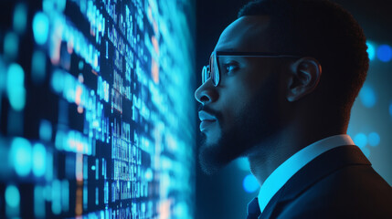 African american man in glasses analyzing digital data on screen in dark room