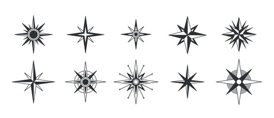 Collection Of Diverse Compass Rose Symbols In Black And White Design Illustrating Navigation And Direction Elements