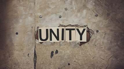 Black letters on white paper spelling UNITY on a distressed beige wall, a concept of unity and togetherness. 
