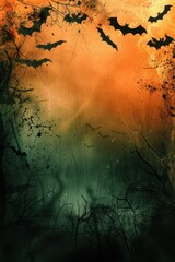 Spooky Halloween Abstract Design with Neon Green, Black Bats, and Foggy Orange Backdrop for Posters