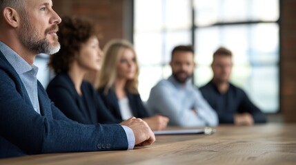 Professionals engaged in a meeting at a modern conference table with a focus on teamwork and collaboration.