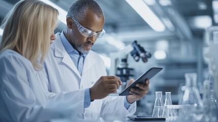 Scientists collaborating in a laboratory, analyzing data on a tablet with glassware in the background.