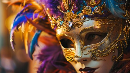 Ornately decorated Venetian carnival mask with vibrant feathers intricate gilded patterns and a mysterious expression