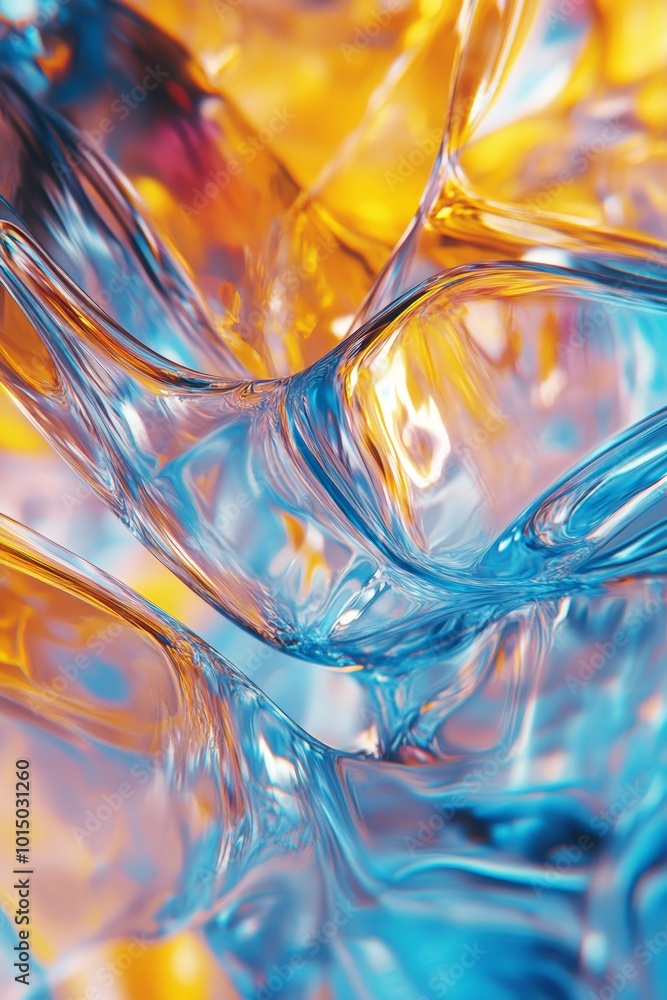 Poster a vibrant abstraction of blue and orange translucent textures with fluid movement.
