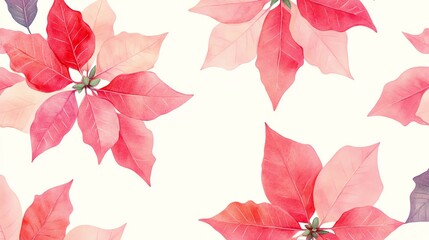 Obraz premium Seamless pattern with red poinsettia flowers on white background, perfect for holiday design, wrapping paper, and festive decorations.