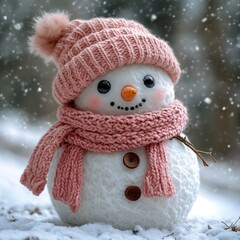 Winter Wonderland: Adorable Snowman in Pink Hat and Scarf, Festive Holiday Scene with Falling Snowflakes and Cozy Atmosphere