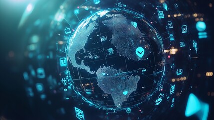 Obraz premium Digital globe with interconnected icons representing technology.
