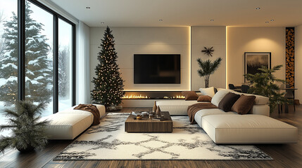 Cozy Winter Living Room: A modern living room with a warm and inviting atmosphere, featuring a large sectional sofa, a fireplace, a Christmas tree.