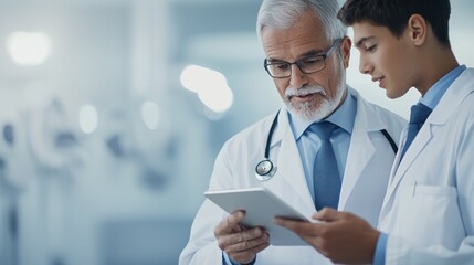 Two doctors discussing medical data on a tablet in a clinical setting, focused expressions.