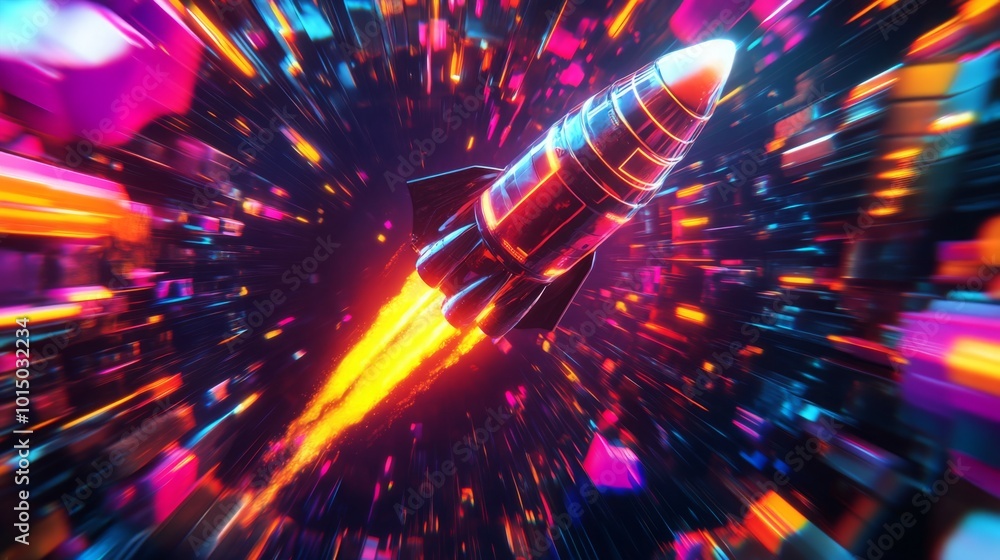 Aufkleber a sleek, metallic rocket blasts through a dazzling cosmic environment, surrounded by vibrant colors 