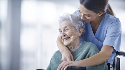 Obraz premium A caregiver sharing a warm moment with an elderly woman in a wheelchair, showcasing compassion and care.