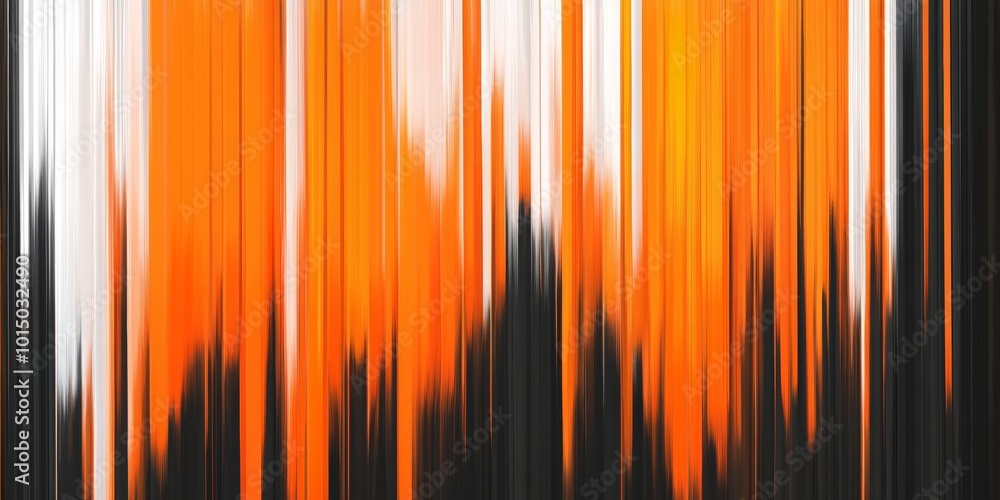 Poster abstract orange and black vertical lines create a dynamic, fiery atmosphere.