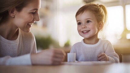 A joyful moment between a mother and her smiling daughter at the table, sharing a warm connection.