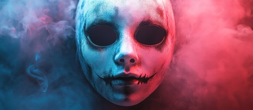 A white creepy mask with a sinister smile is half-lit in blue and half-lit in red, surrounded by smoke.
