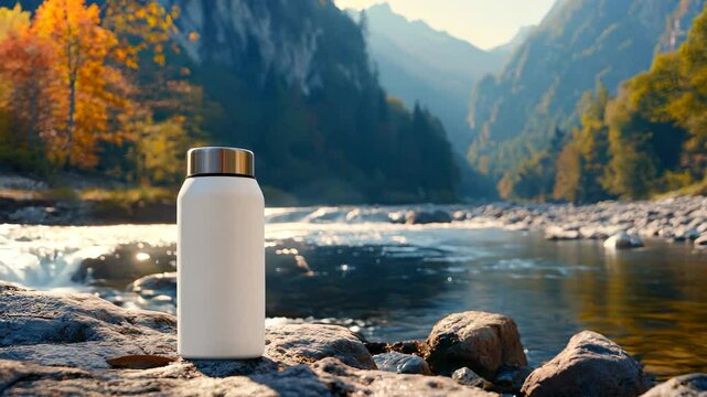 White thermal bottle on a stone in the mountains against the background of a mountain river close up with a place for a logo or text and name
