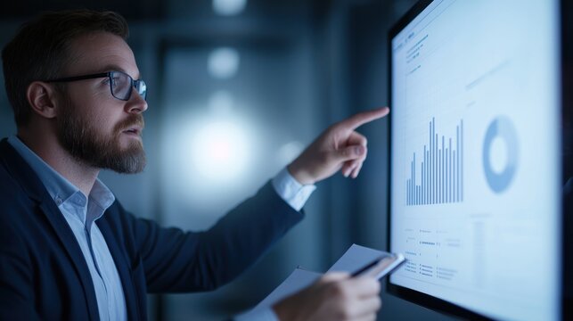 Businessman analyzing data on a digital screen, focused and engaged in presentation.