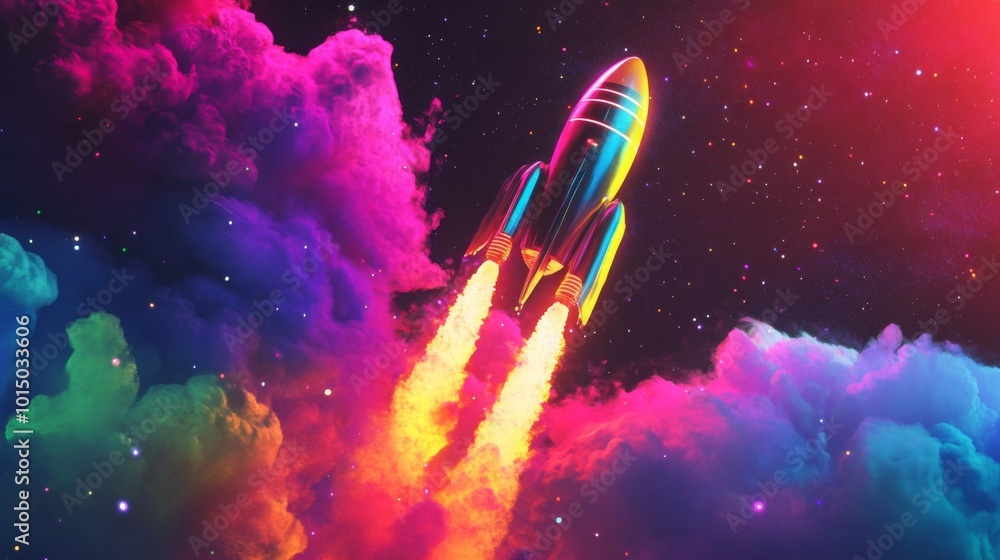 Aufkleber a vibrant rocket launches into a colorful array of clouds, illuminating the dark sky with flames and