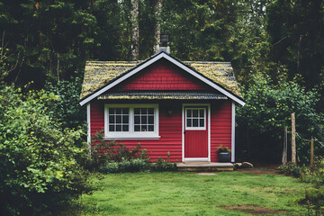 Red Cabin in the Woods - A Realistic Photo