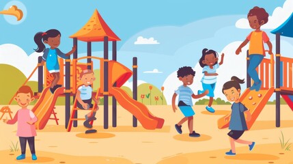 Obraz premium Illustration of Group of kids flying kites in a meadow