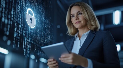 Businesswoman analyzing data on tablet with lock icon, digital security concept, dark background.