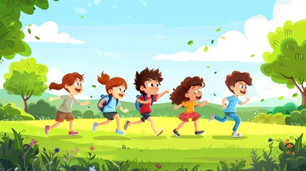 Naklejka premium Illustration of Group of kids flying kites in a meadow