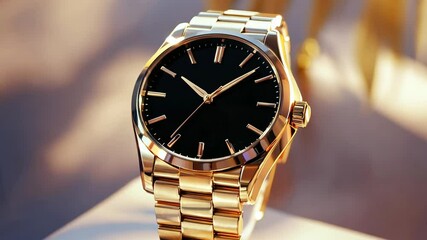 Slightly rotating gold luxury watch with black dial close up, gold watch showcase
