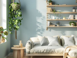 Cozy Living Room Interior with a Light Blue Wall