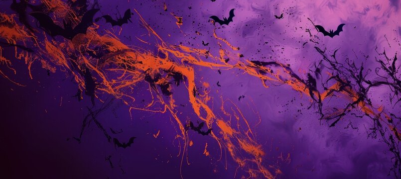 Halloween Abstract Design with Neon Orange and Black Streaks - Ghostly Bats and Misty Purple Backdrop - Powered by Adobe