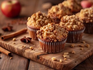 Delicious Crumb Topped Apple Muffins on a Wooden Cutting Board