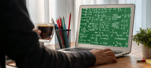 Mathematic equations and modish formula on computer screen showing concept of science and education
