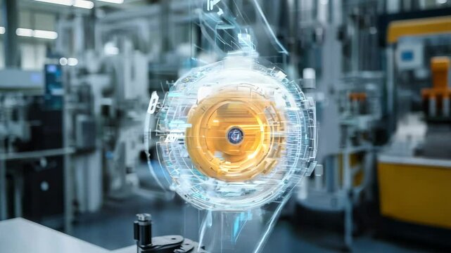 Rotating hologram of a virtual design for building an engine or other mechanical element against the background of a laboratory, innovative design technologies close up
