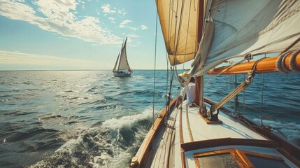 Sailor maneuvering a sailboat on open water